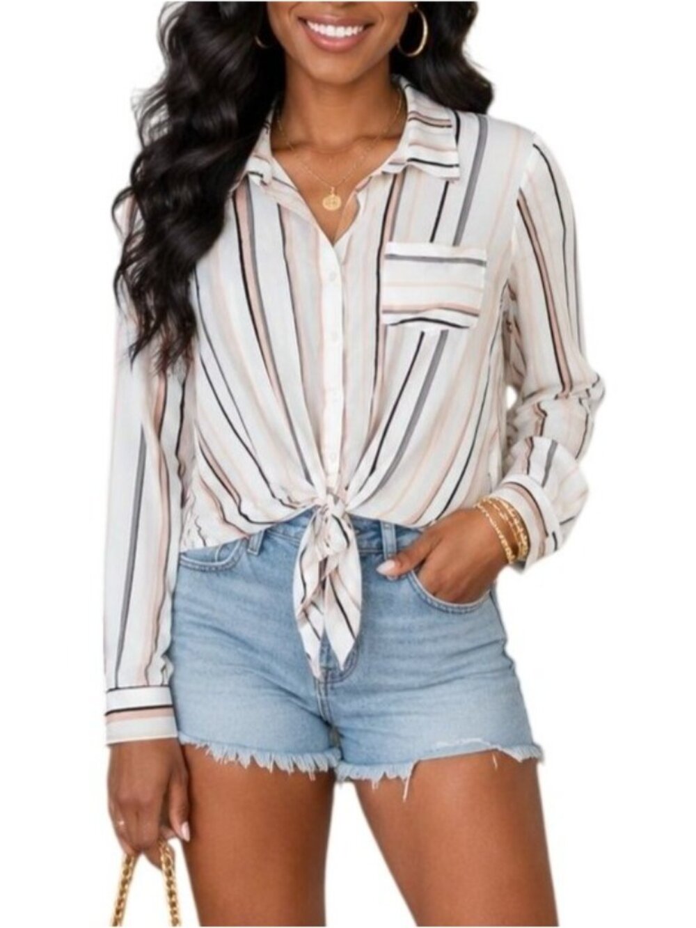 Forever 21 Size Small Top Contemporary Striped Button-Up Tie-Front Blouse